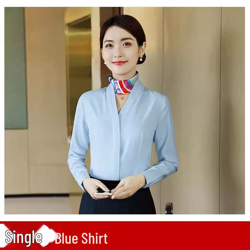 Women's White V-neck Professional Flight Attendant Shirt: Interview and Workwear Suit for Airline and Hotel Staff