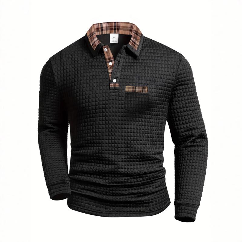 Men's Waffle Knit Polo Shirt Casual Plaid Contrast Collar Long Sleeve Top With Pocket For Daily Wear