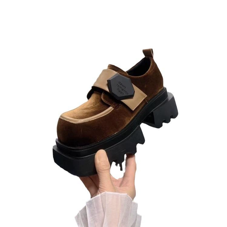 European 2025 loafers women's spring new Velcro square head handsome fashion platform velvet small leather shoes tide
