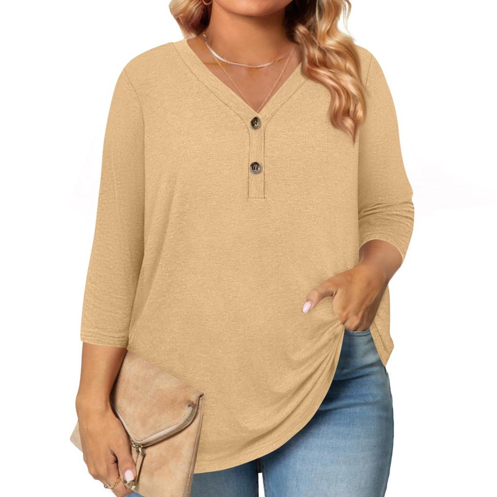 3/4 Length Sleeve Womens Tops Plus Size Button Down V Neck Shirts Blouses Casual Solid Color Loose