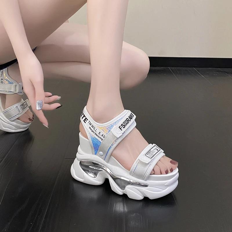 Fashion High Platform Sandals Women Bling Wedges High Heels New Summer Buckle Crystal Chunky Sandalias Beach Slippers Zapatos Mujer 10CM