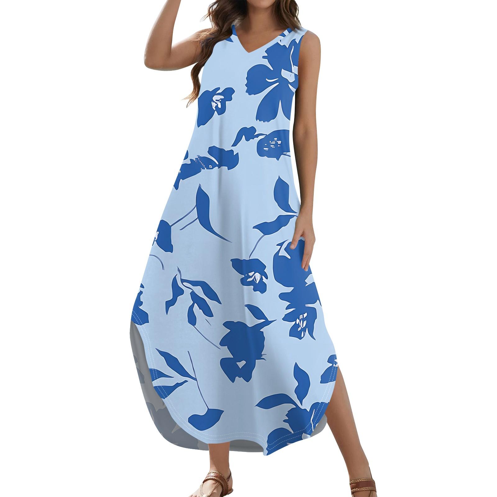

Женский 2024 летний повседневный свободный сарафан длинное платье с цветочным принтом без рукавов с v-образным вырезом и разрезом футболка платья макси L синий