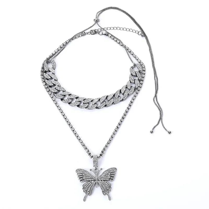 Colier pentru damă Fluture Cuban Colier cu pandantiv cu strasuri European și American Cross-border Accesorii Punk Retro Hip Hop