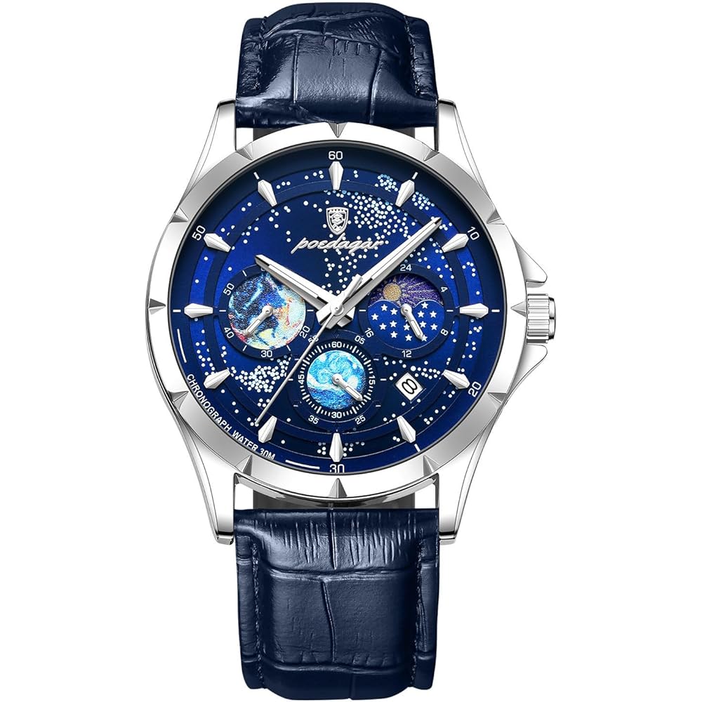 Men s Blue Leather Watch Analog Calendar 3ATM Waterproof Quartz Casual Fashion Accessory