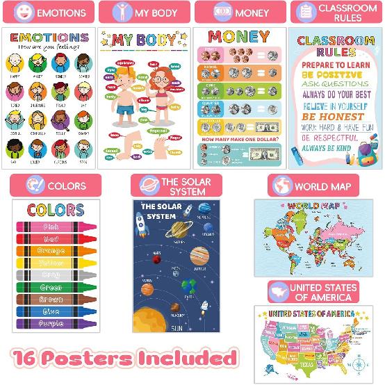 16 Educational Posters for Toddlers, Laminated Classroom Learning Posters, Kindergarten Classroom Must Haves, Preschool Homeschool Supplier Materials