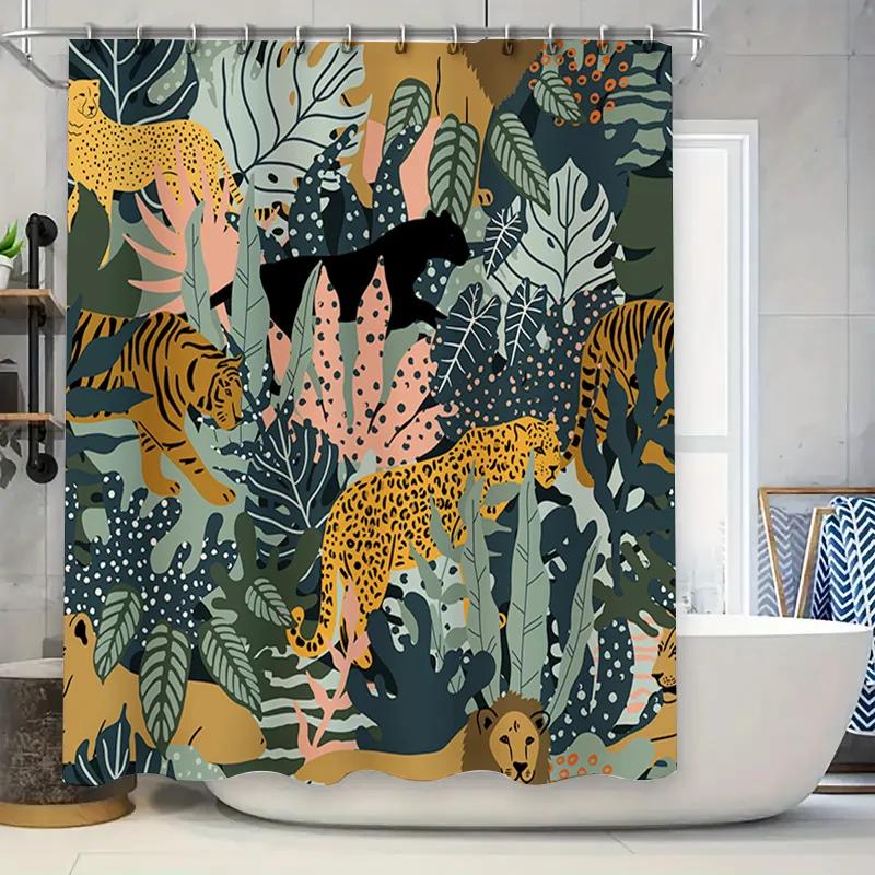 Wildlife-Inspired Shower Curtain Black Leopard Tiger Print Greenery Background Waterproof Fabric for Bathroom Decoration