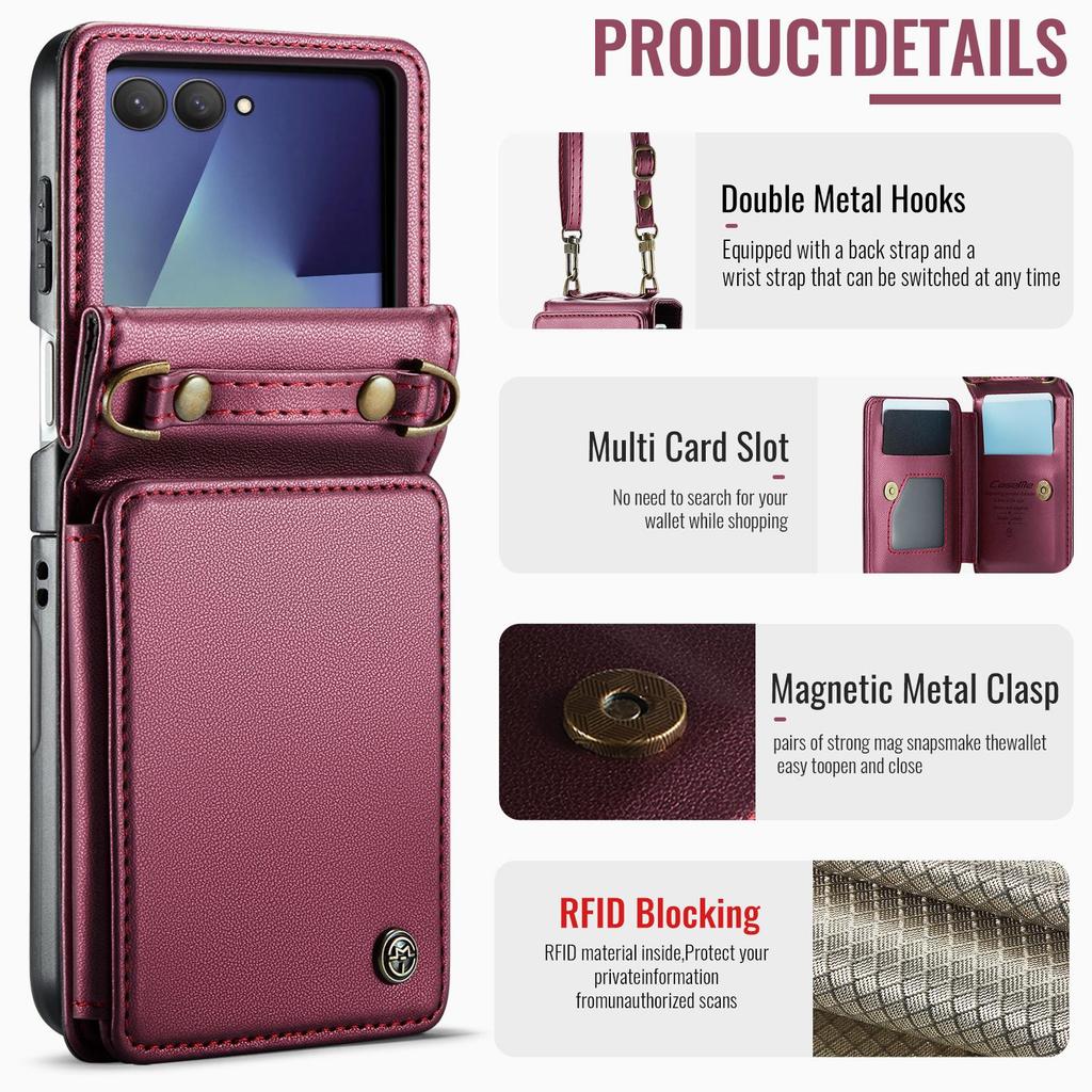 Samsung Galaxy ZFlip7/6/5 Leder Handyhülle mit Umhängeband und Kartenhalter