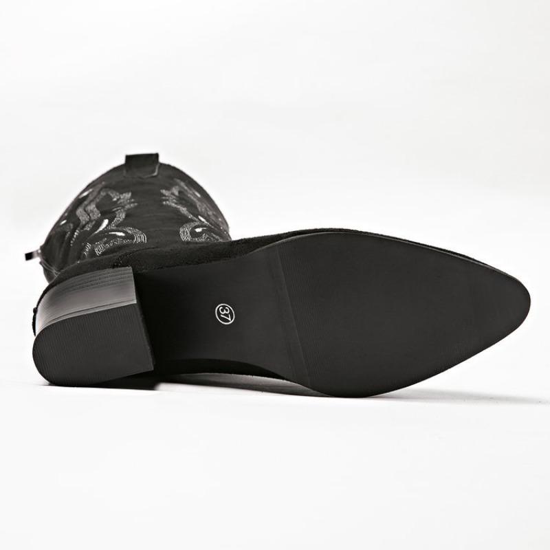 Women's Plus Size Embroidered Over-the-Knee Denim Boots, Chunky Heel Retro Ethnic Stretch Riding Boots