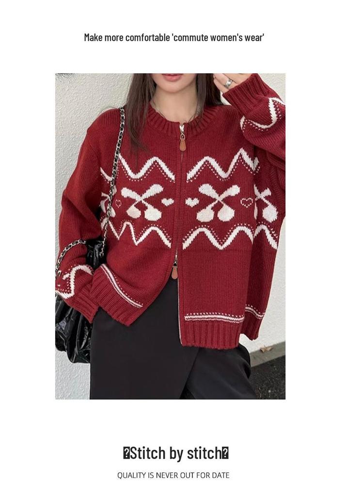Women's Fair Isle Cashmere Jacquard Cardigan – Autumn/Winter, Thick, Round Neck, Zipper Wool Coat