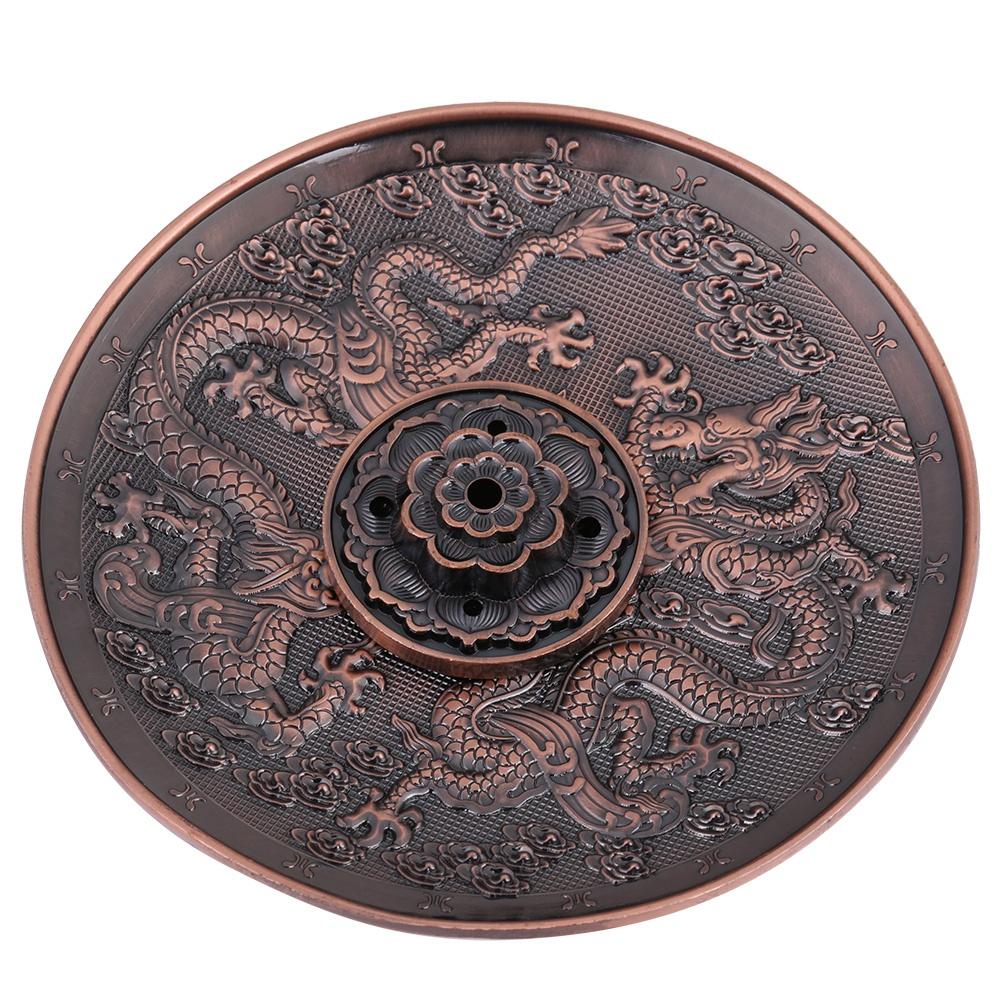 Zinc Alloy Incense Stick Burner Holder Dragon Pattern Censer Plate for Home Temple(Red Bronze)