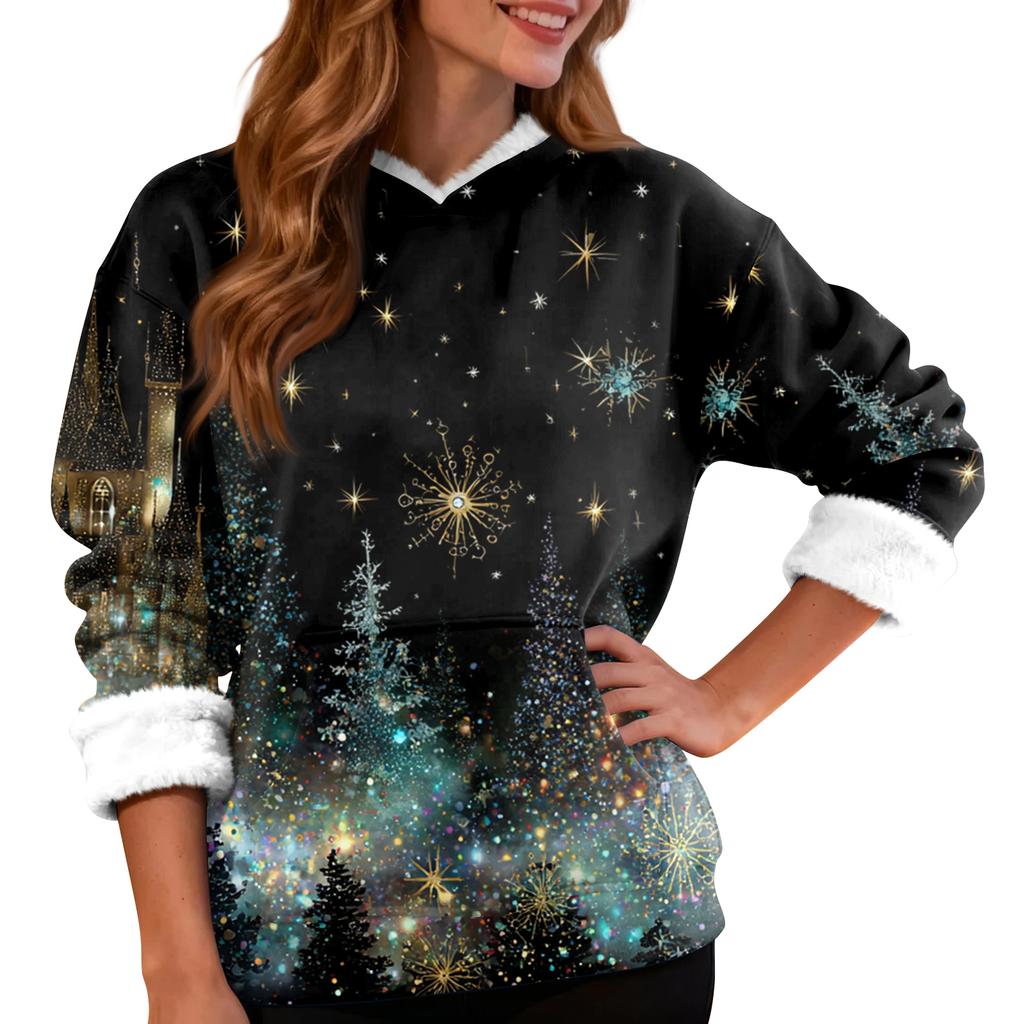 Women's Casual Fashion Plus Velvet Thickened Christmas Print Hooded Sweatshirt