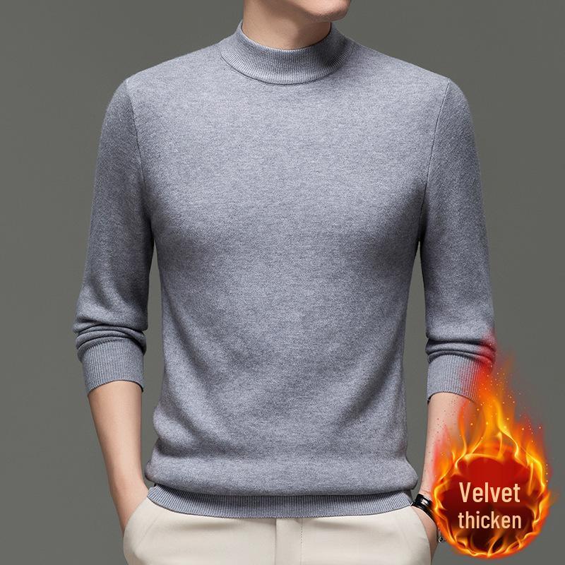Men's Winter Velvet Fleece Knitwear: Half-High Collar Solid Base Layer Sweater
