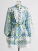 Hit Color Hollow Out Printing Mini Dresses Lapel Long Sleeve High Waist Patchwork Lace Up Dress