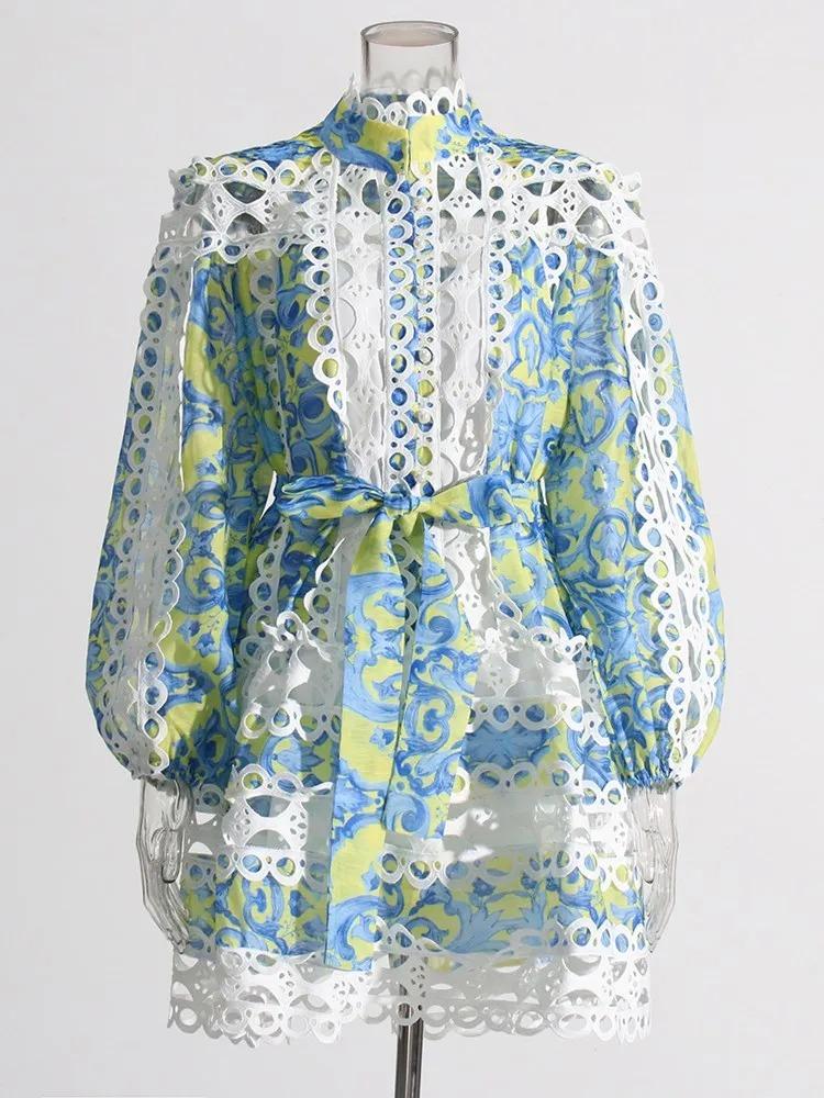 Hit Color Hollow Out Printing Mini Dresses Lapel Long Sleeve High Waist Patchwork Lace Up Dress