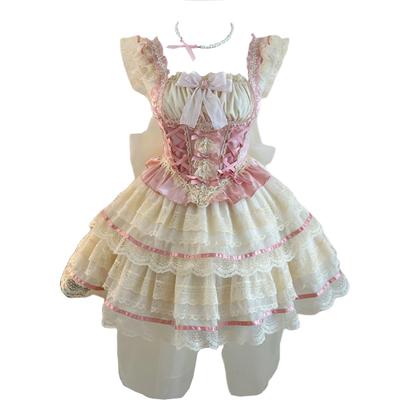 Toku and Yu Camisole Mini Gothic Lolita Ribbon Tiered Lolita Jumper Mori Sickly Perfect for Tea School and Events Skirt, Girls' Skirt, Palace-Style,