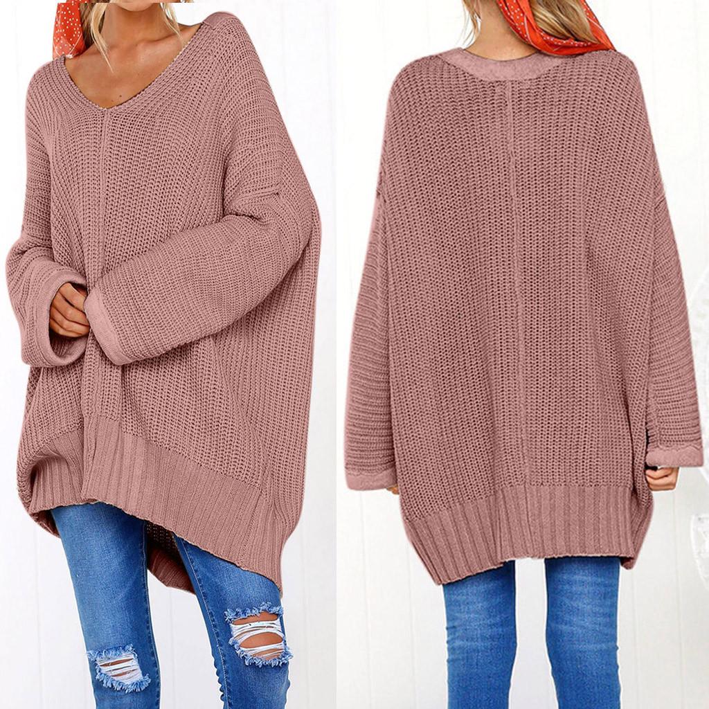 Fashion Women Casual Solid Long Sleeve Jumper V-Neck Lazy Loose Sweater Blouse