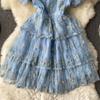 Summer Lace Hook Flower Embroidered Bubble Sleeve Dress for Womenfashion Slim Waist Dress Female A-line Cake Party Retro Dress