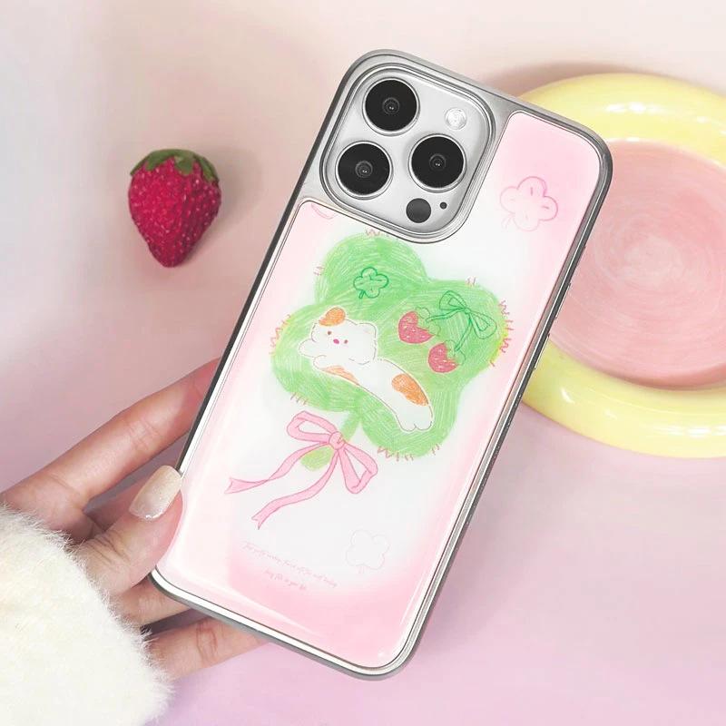 Cute four-leaf clover cat is suitable for Apple iPhone17/16pro mobile phone case 14 electroplating water condensation 13 fresh 15