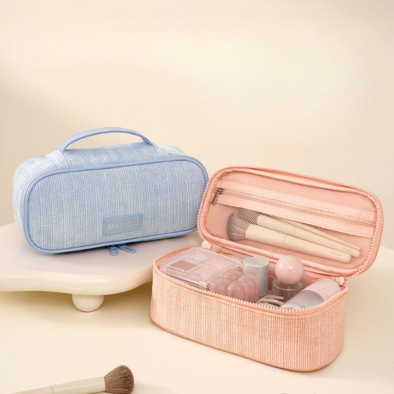 Women Corduroy Travel Makeup Storage Bag Portable Zipper Cosmetic Bag with Handle Square Large Capacity Toiletry Wash Pouch