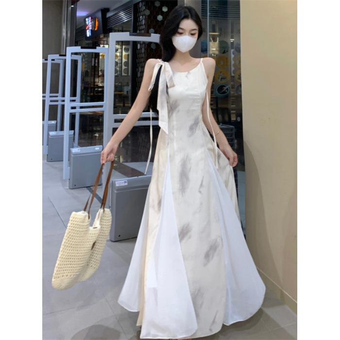 

Retro ink printing suspender dress for women s summer waist and thin big swing skirt A-shaped long dress S