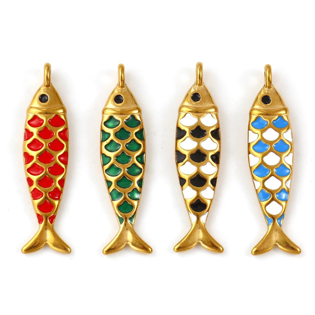 2 PCS 304 Stainless Steel Ocean Jewelry Pendants 18K Gold Plated Enamel Fish Animal 3D Charms For Keychains Necklace 4.9cmx1.3cm