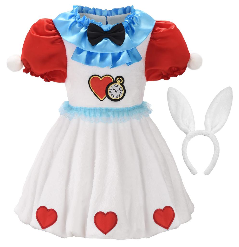 ReliBeauty White Rabbit Cosplay Dress for Halloween Costume for Watch Bunny Marshmallow Kids Birthday Bunny Ear Headband Size 120 Kids, Girls, Rabbit,