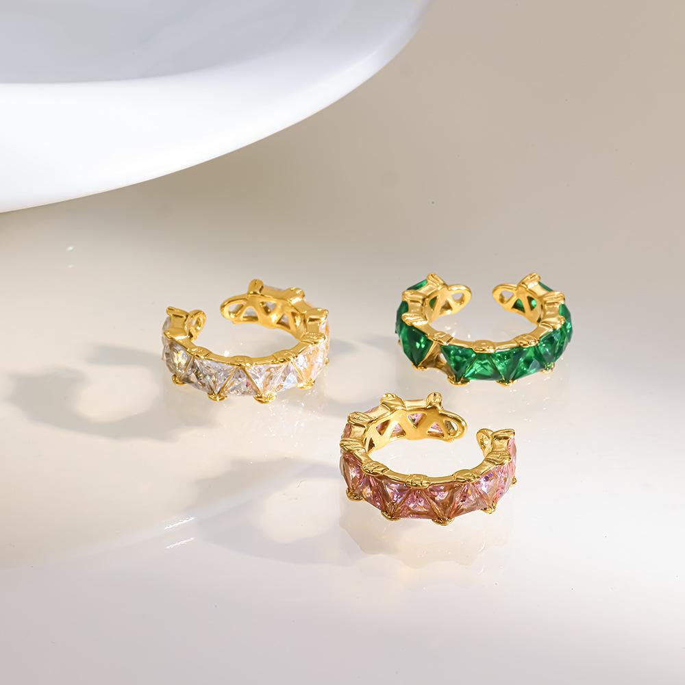 Light Luxury and Exquisite Full-set Triangular Zircon Splicing Open Ring Does Not Fade Stainless Steel Plated 18k Gold Ring