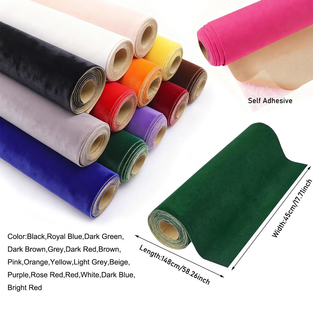 Self-Adhesive Velvet Fabric Sheets, 45x148cm Flocked Non-Woven Felt for Jewelry Box Liner, DIY Crafts, Decoration, Package - 19 Rich Colors For Choose