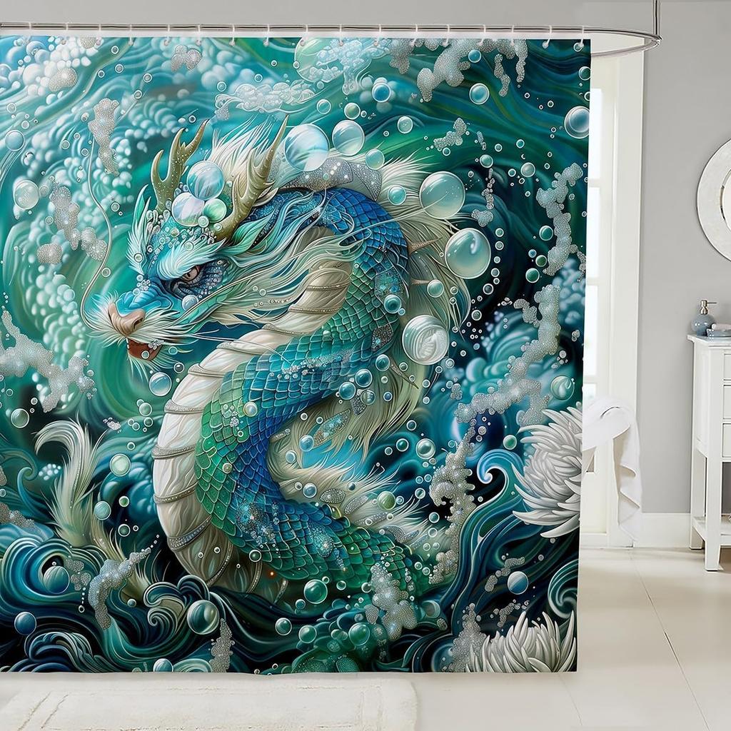 Blumen Drache Duschvorhang, Japanischer Stil Drache Badezimmervorhang Kinder Jungen Mädchen Badezimmer Dekoration, Magisches Tier Badevorhang