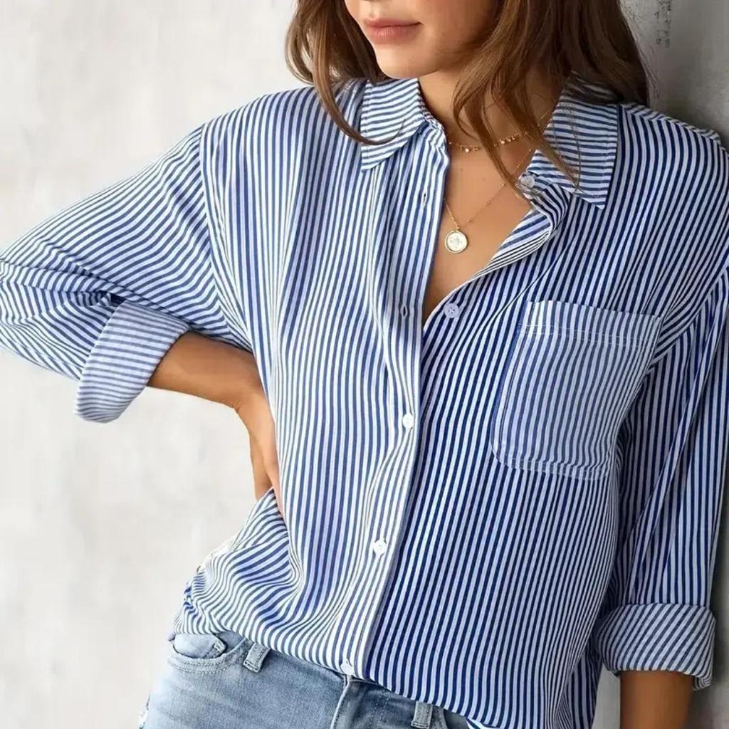 Chic Striped Print Long Sleeve Shirt - Women's Casual Clothing with Pocket and Button Front Perfect for Daily Wear