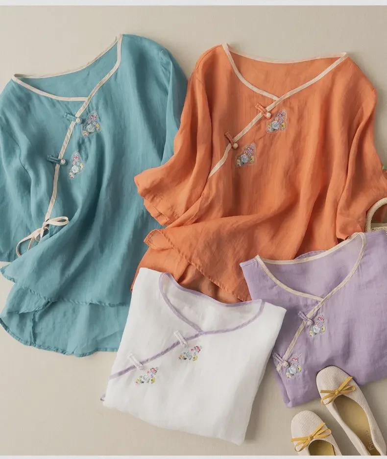 Damen 2024 Sommer Locker Geschnittenes Baumwollleinen Besticktes Hemd mit Schrägkragen, Kurzen Ärmeln und Nationalem Stil