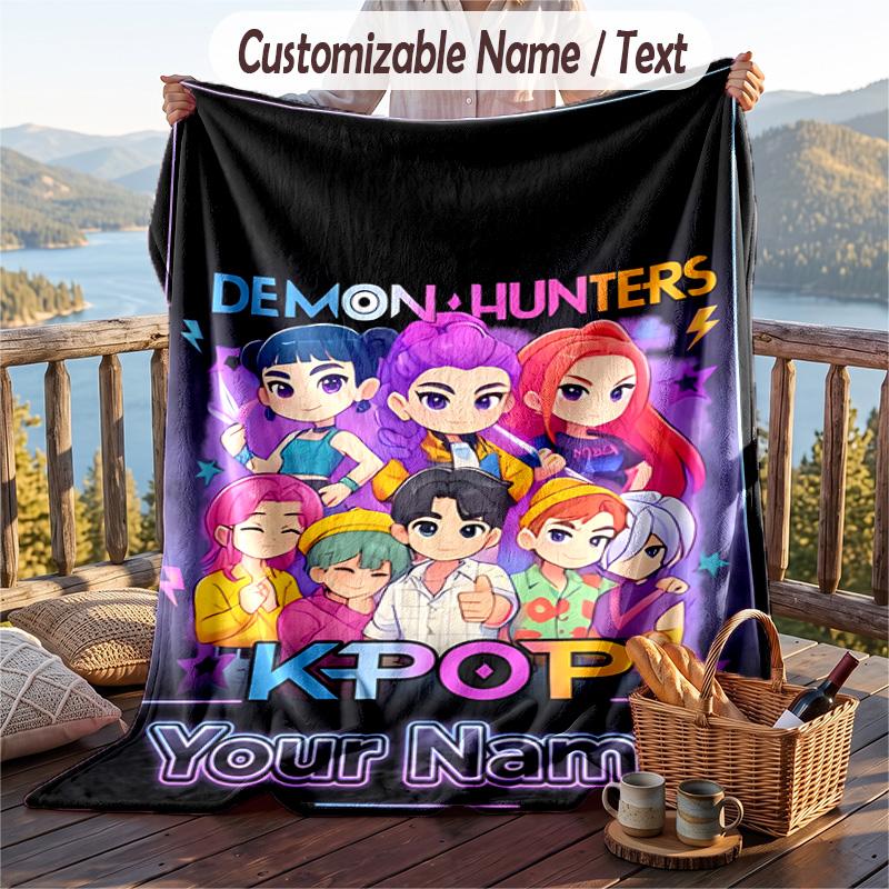 Flannel Blanket Kpop Demon Hunters Print Custom Name Text Soft Throw for Sofa Bed