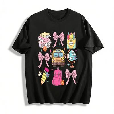 Vintage Campus Style Stationery Bus Print Top Pure Cotton T-shirt