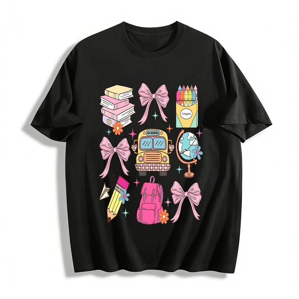 

Vintage Campus Style Stationery Bus Print Top Pure cotton T-shirt XXS