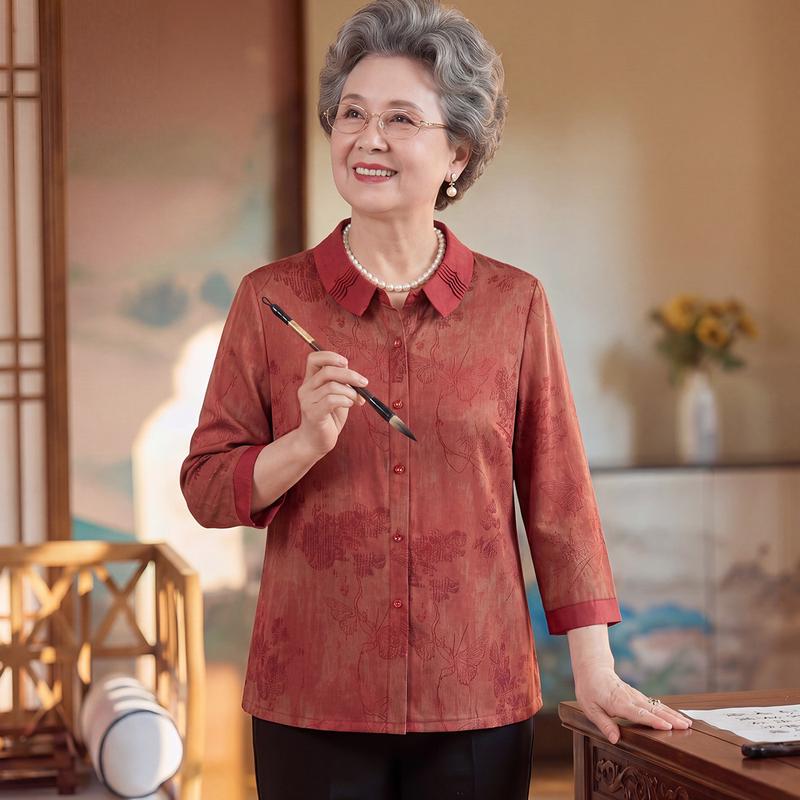 Elderly Women s New Chinese Style Butterfly Print Half-Sleeve Shirt 3XL (Approx. 138-154 lbs)