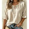 Women's Neutral Tone Paisley Tie Neck Blouse Ruffle 3/4 Sleeve Relaxed Fit Office Commuter Work Shirt