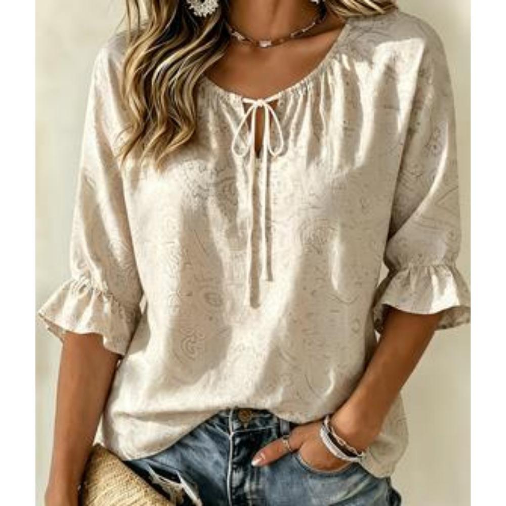 Women's Neutral Tone Paisley Tie Neck Blouse Ruffle 3/4 Sleeve Relaxed Fit Office Commuter Work Shirt