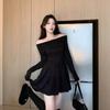French Small Black One-word Shoulder Long-sleeved Dress Women's Autumn New Temperament Thin Waist Short Skirt