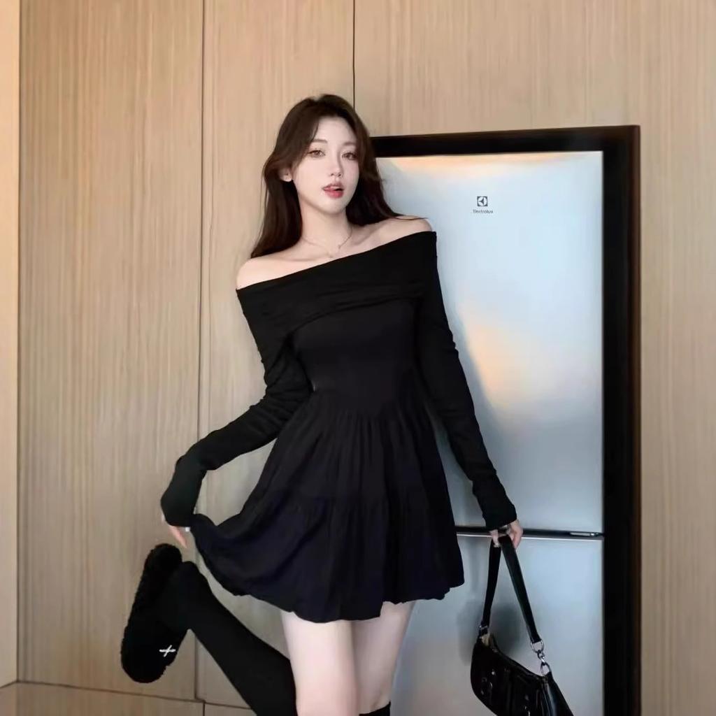French Small Black One-word Shoulder Long-sleeved Dress Women's Autumn New Temperament Thin Waist Short Skirt