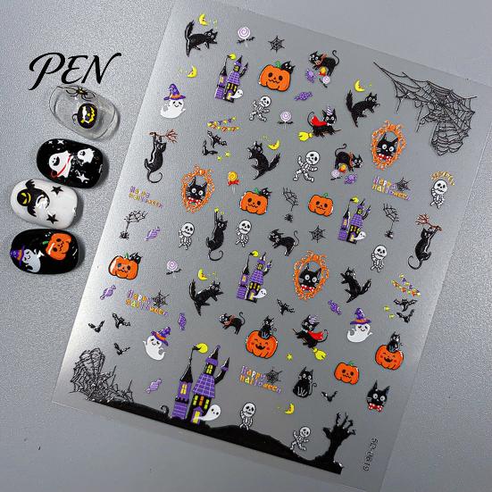 Easy Apply Nail Stickers Halloween Art Stickers, 5D Embossed Skull Pumpkin Ghost Fingertip Decoration Sticker Decals, Waterproof Self Adhesive