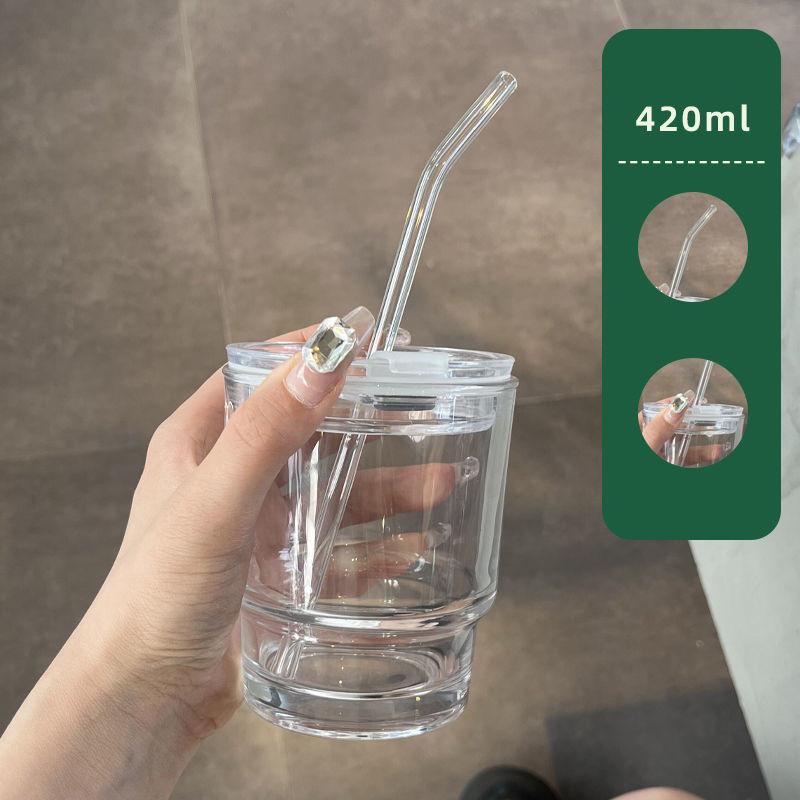 

420ml Green Creative Glasses Straw Cup Heat-Resistant Coffee Mug With Silicone Lid Reusable Office Tea Juice Milk Water Cup 401-500ml