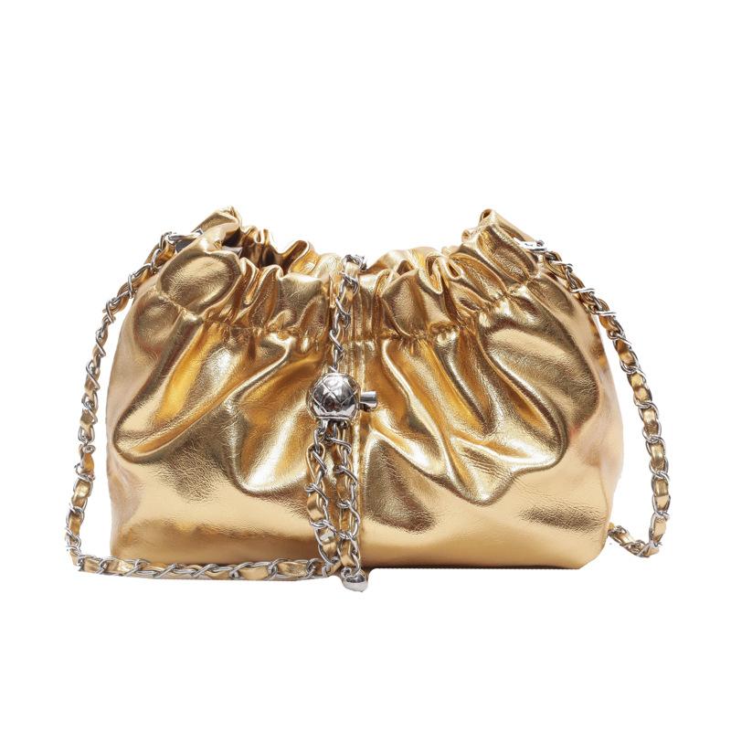 

Женская сумка 2025 новая корейская версия модная плиссированная сумка на плечо ins интернет-знаменитость глянцевый зарубежный стиль универсальная сумка-мессенджер сумка-ведро золотой