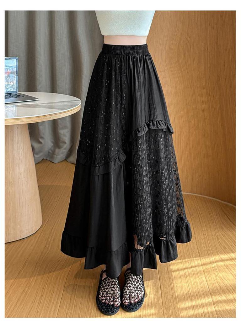 Women's White Lace Ruffled Midi A-line Cake Skirt - 2026 Spring/Summer