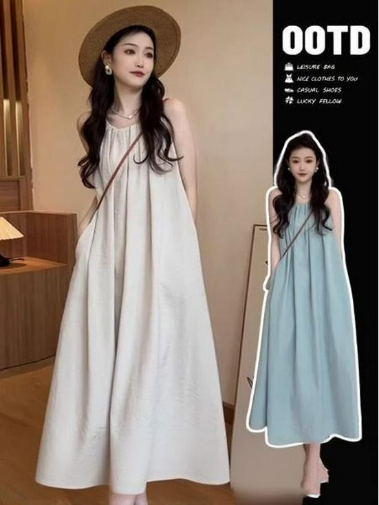 Women's French Sleeveless Vacation Tank Dress - Summer 2025: Solid Color, Loose, Over-the-Knee Long Style