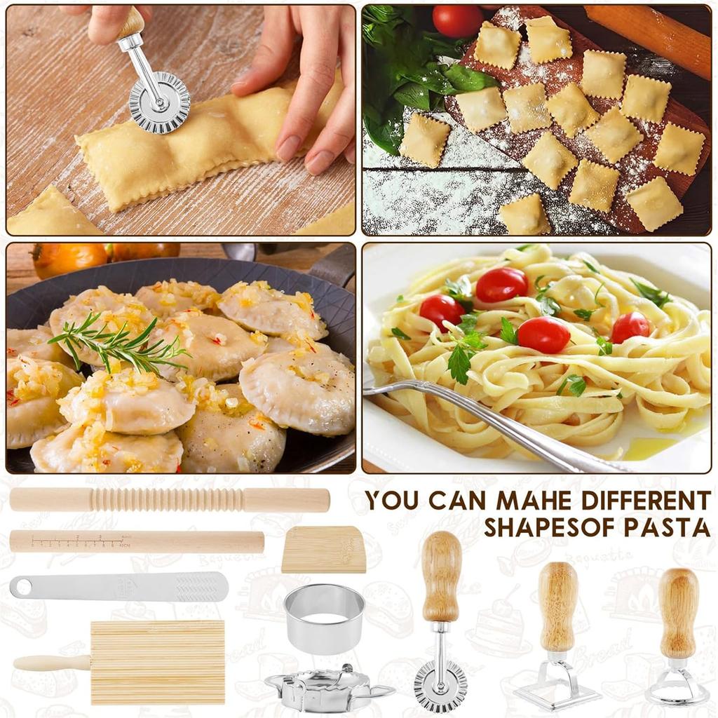 Wood Threaded Rolling Pin Pasta Tool Set Dough Scraper Gnocchi Board Dumpling Maker Ravioli Stamp Cutter Wood Texture