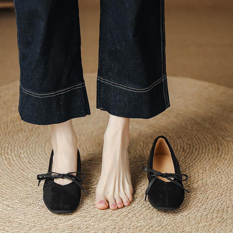 Retro suede British style flat Mary Jane women's shoes bow ballet shoes one pedal shallow mouth square head single shoes