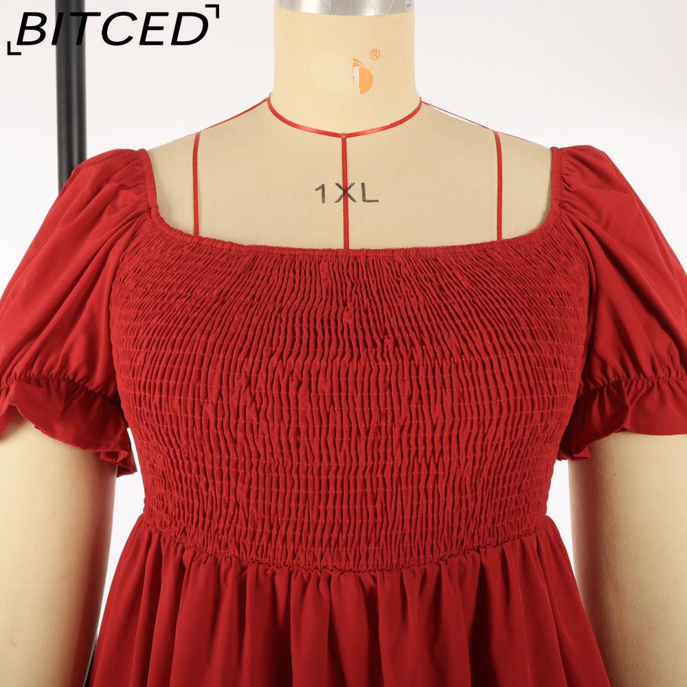 BITCED Plus Size Solid Color Casual Resort Dress Travel Square Neckline Ruffled Puff Sleeve Dress