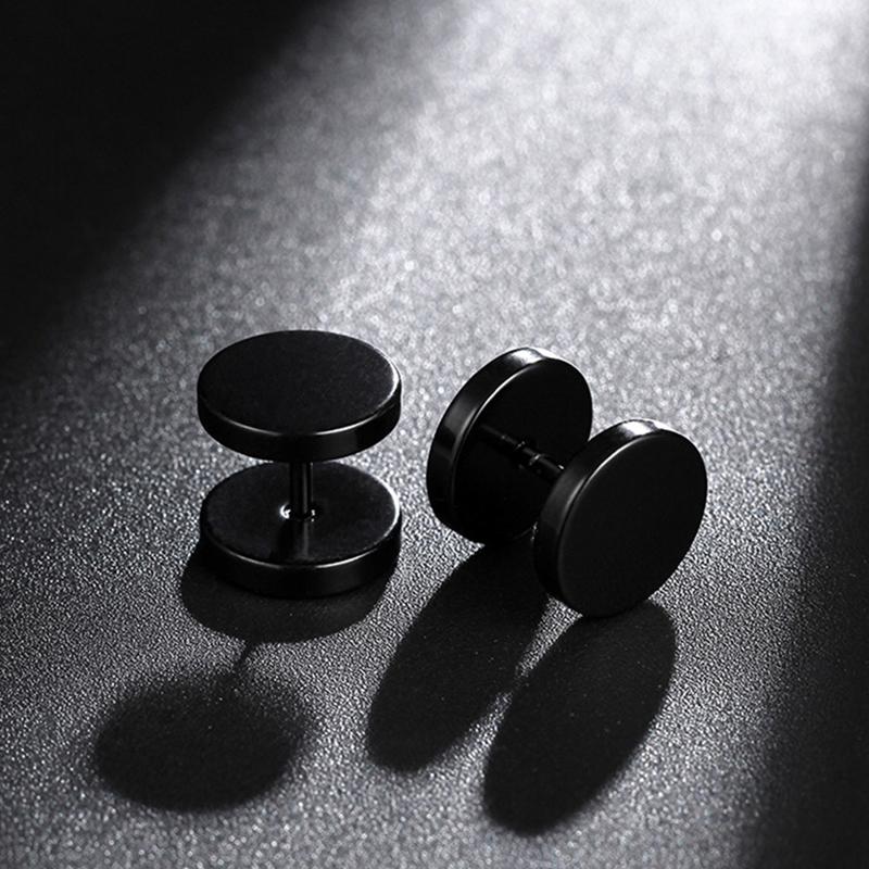 4 Pairs Mens Black Round Disc Huggie Hoop Stud Earrings Stainless Steel Faux Gauges Ear Tunnel Piercing Hypoallergenic Jewelry