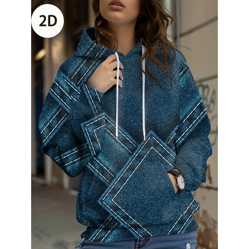 Womens Relaxed Fit Hooded Long Sleeve Sweatshirt With 3D Floral Plaid Print Breathable Comfort Casual Top