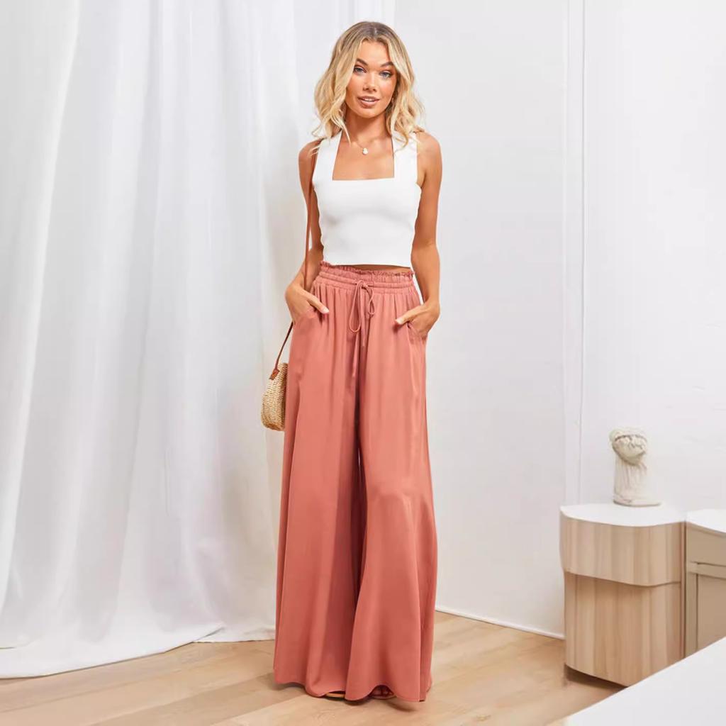 2026 European and American Cross-border Summer New Women's Clothing Wide-leg Trousers Elastic Belt Wide-leg High-waisted Long Culottes Women